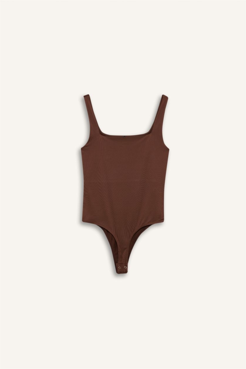 Kadın Bordo Kare Yaka Basıc Çıtçıtlı Body