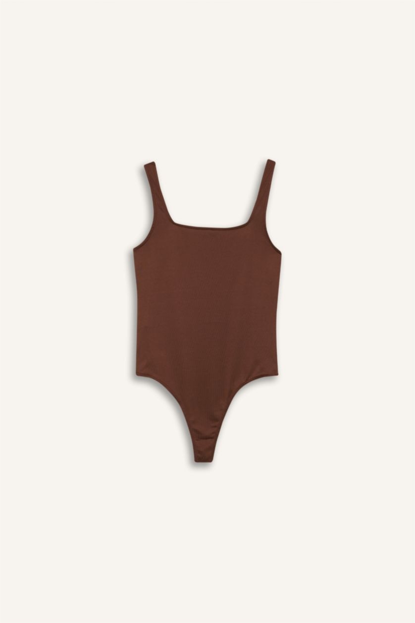 Kadın Bordo Kare Yaka Basıc Çıtçıtlı Body
