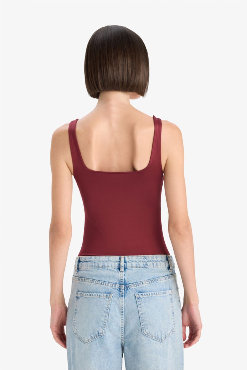 Kadın Bordo Kare Yaka Basıc Çıtçıtlı Body