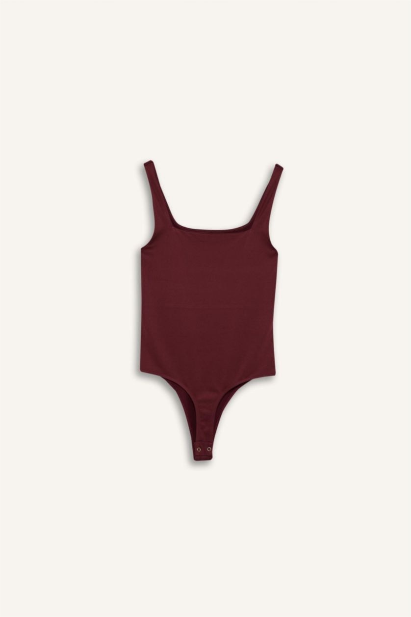 Kadın Bordo Kare Yaka Basıc Çıtçıtlı Body