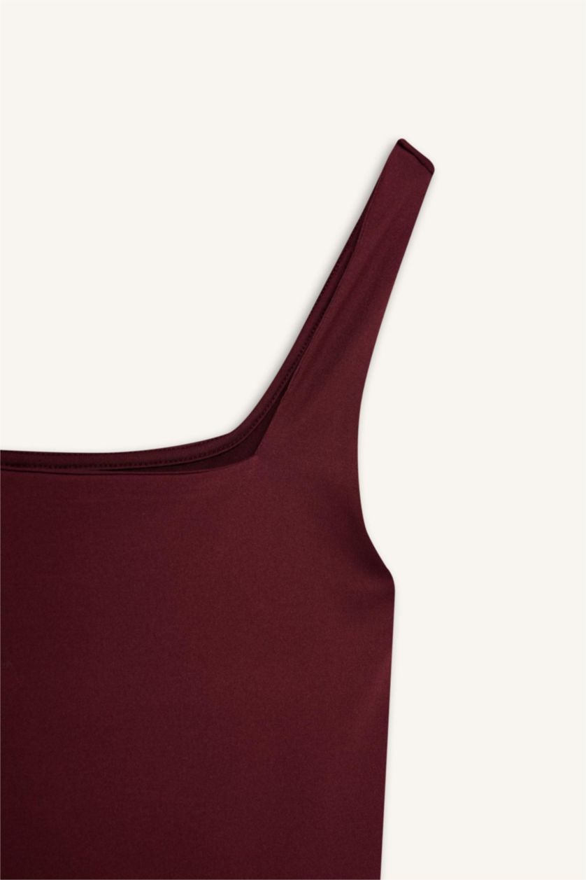 Kadın Bordo Kare Yaka Basıc Çıtçıtlı Body