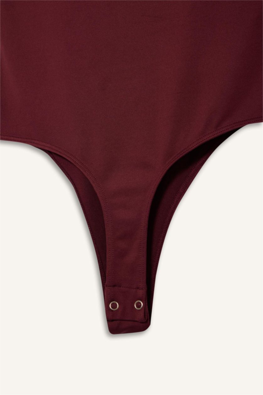 Kadın Bordo Kare Yaka Basıc Çıtçıtlı Body