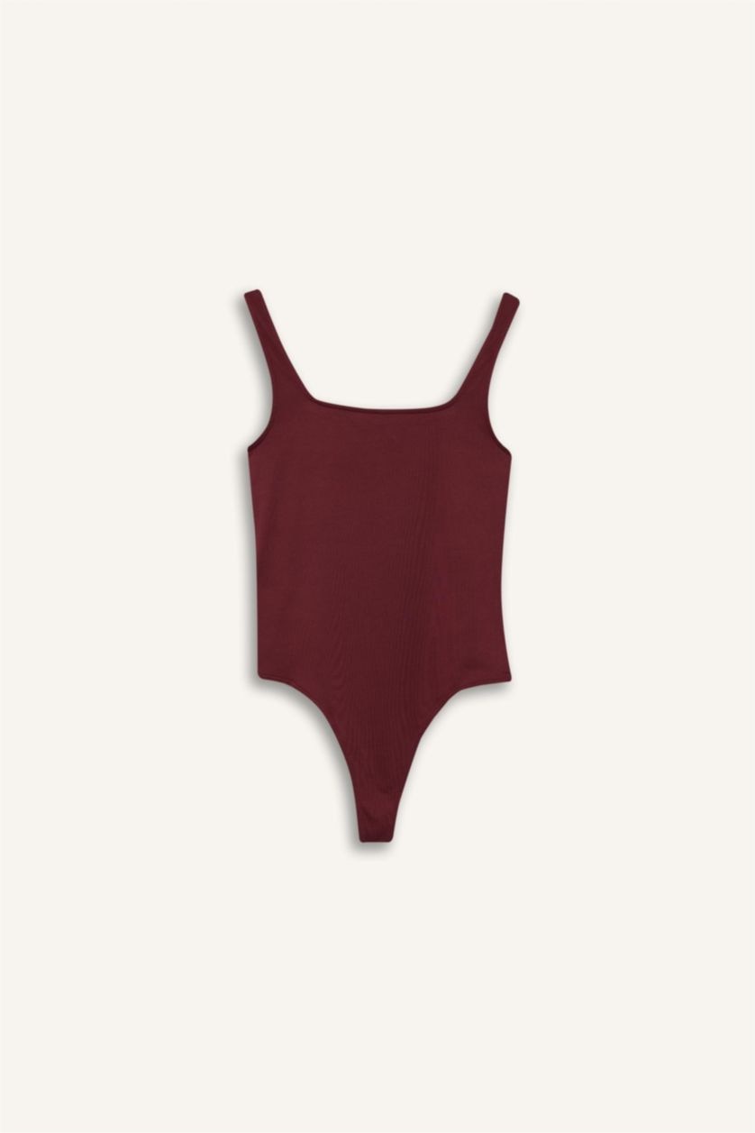 Kadın Bordo Kare Yaka Basıc Çıtçıtlı Body
