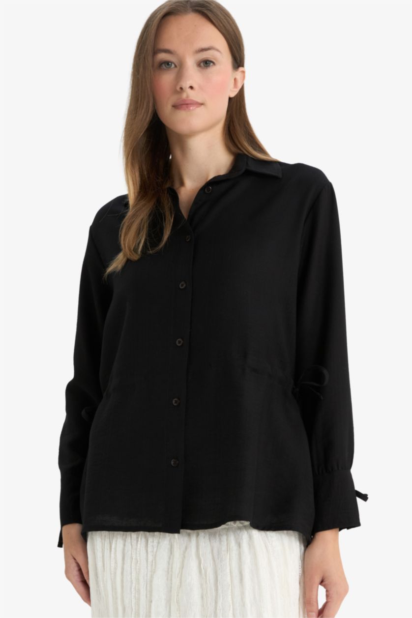 WOMAN Black Regular Fit Shirt Collar Long Sleeve Tunic