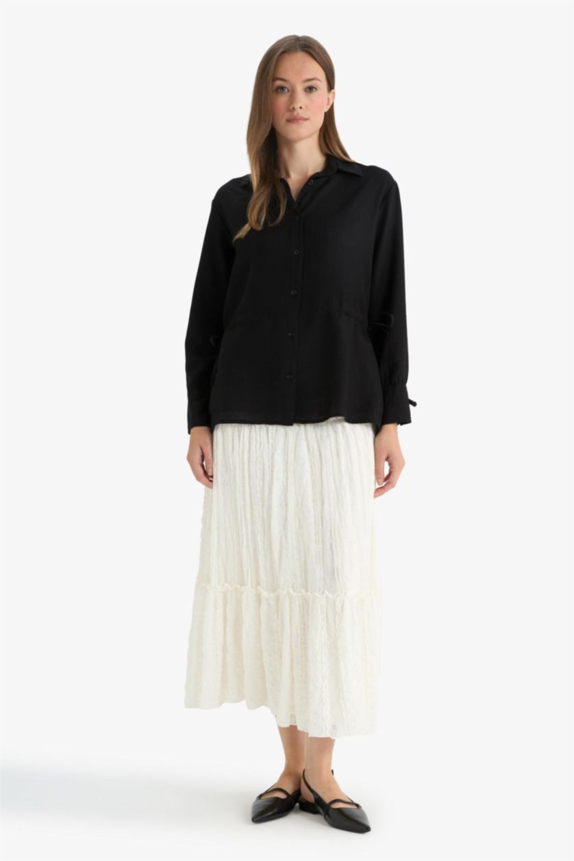 WOMAN Black Regular Fit Shirt Collar Long Sleeve Tunic