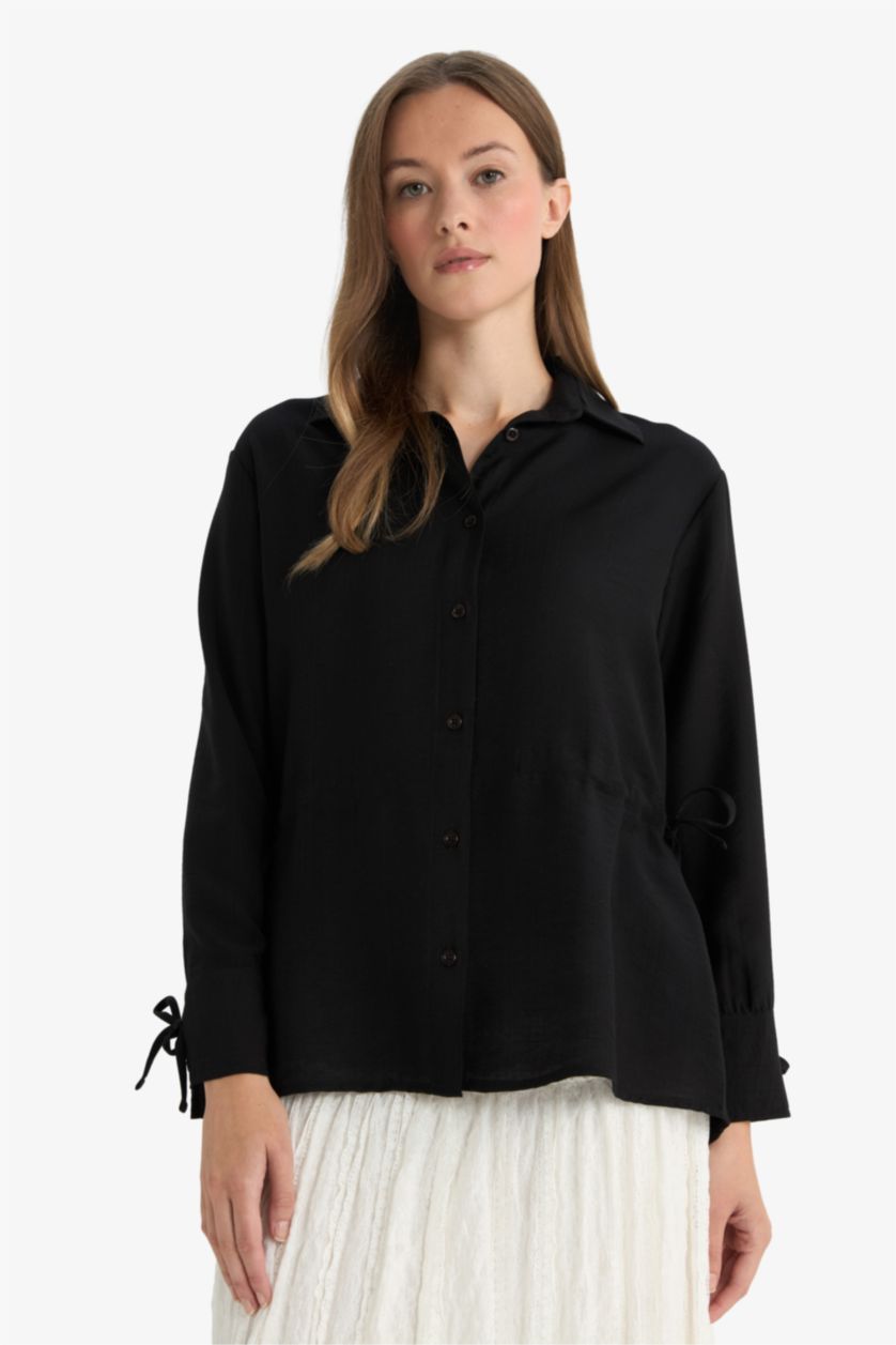 WOMAN Black Regular Fit Shirt Collar Long Sleeve Tunic