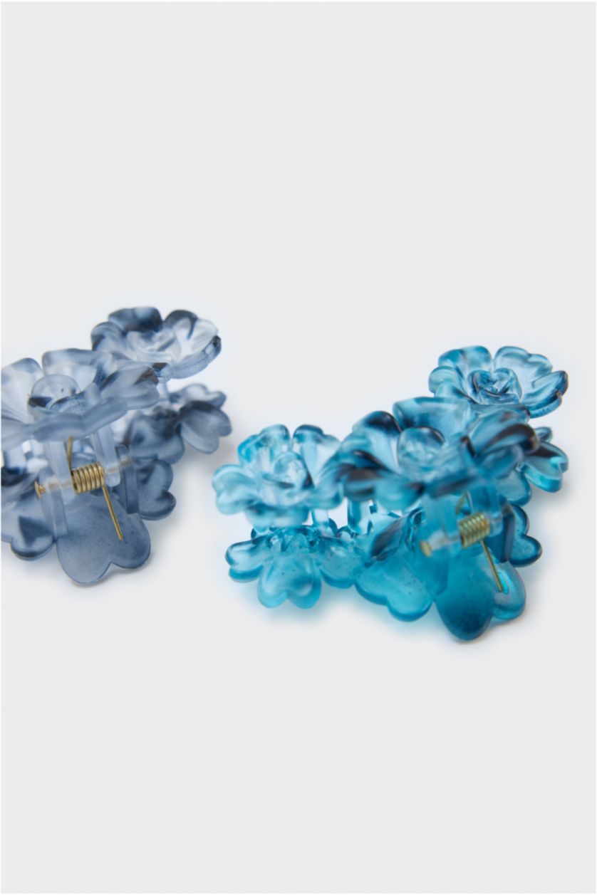 Kadın Karma Kadın 2'li Çiçek Desenli Mavi Mandal Toka