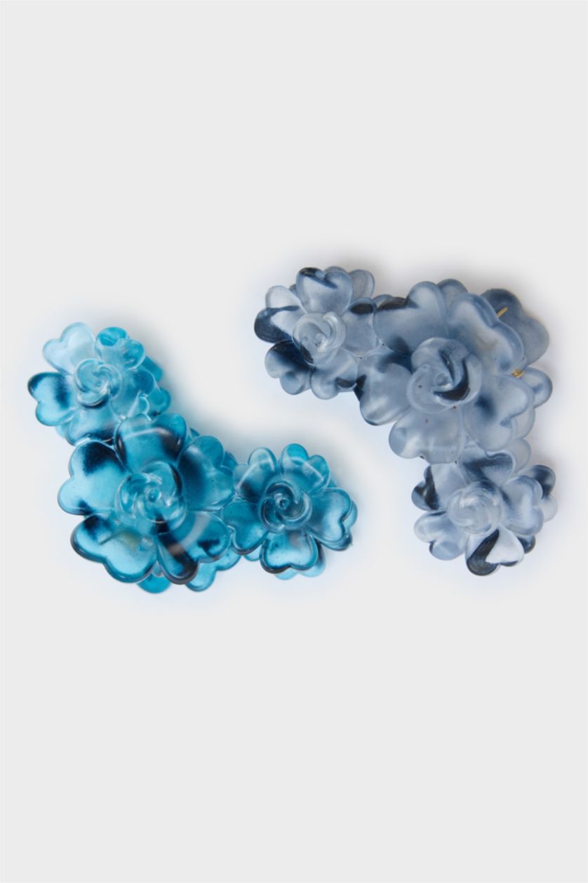 Kadın Karma Kadın 2'li Çiçek Desenli Mavi Mandal Toka