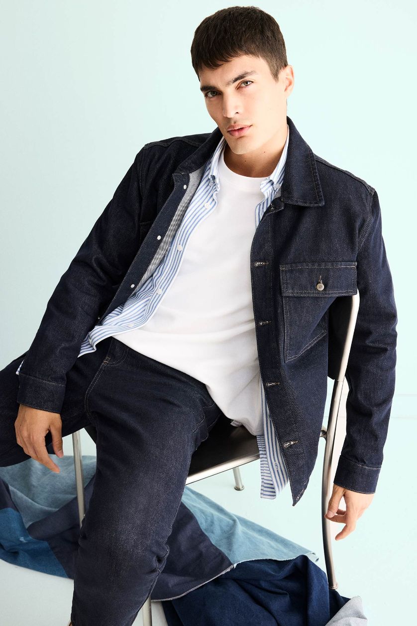 HOMME Bleu Foncé Veste en jean à boutons Coupe décontractée