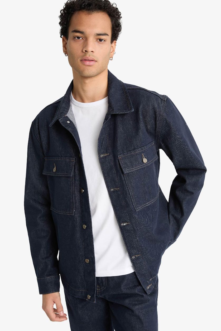 HOMME Bleu Foncé Veste en jean à boutons Coupe décontractée