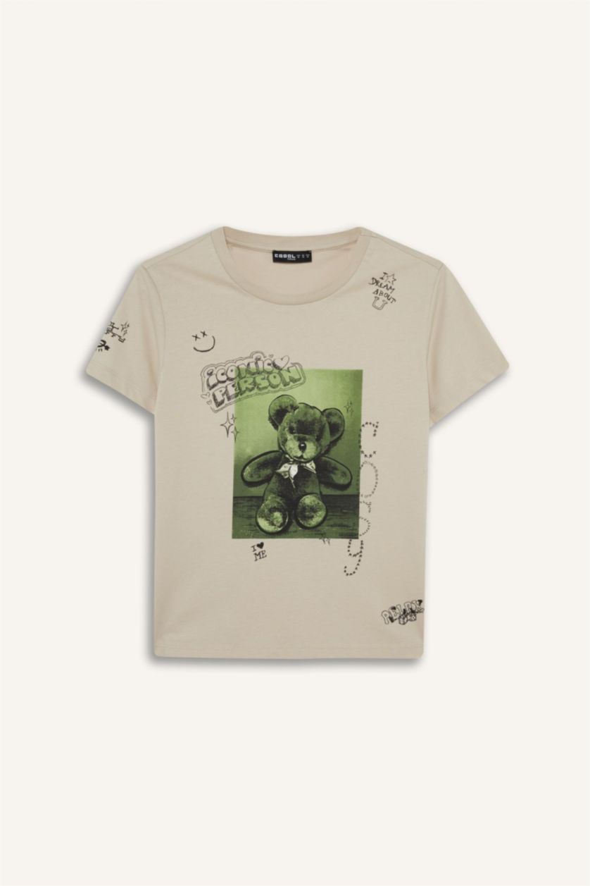 حريمي بيج تيشيرت نص كم قصة عادية مطبوع برقبة مستديرة