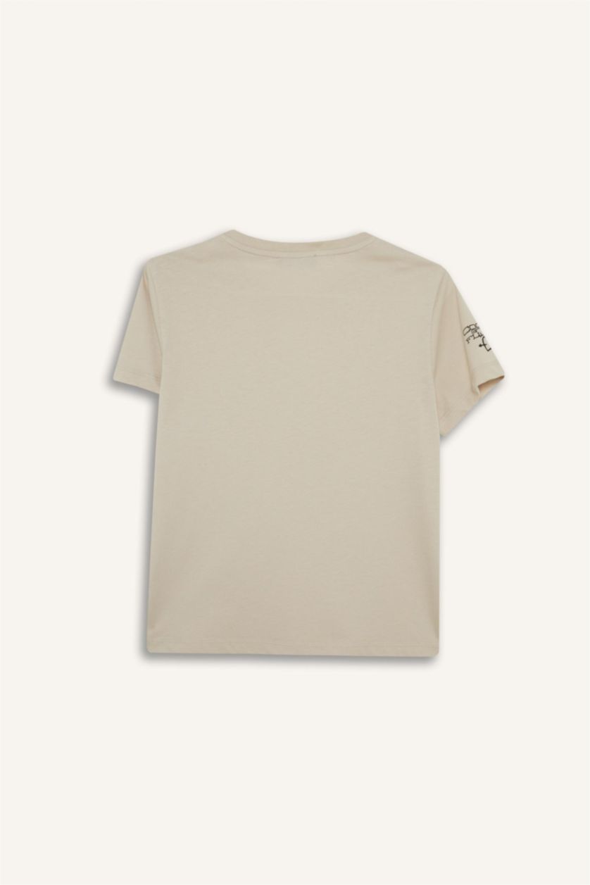 حريمي بيج تيشيرت نص كم قصة عادية مطبوع برقبة مستديرة