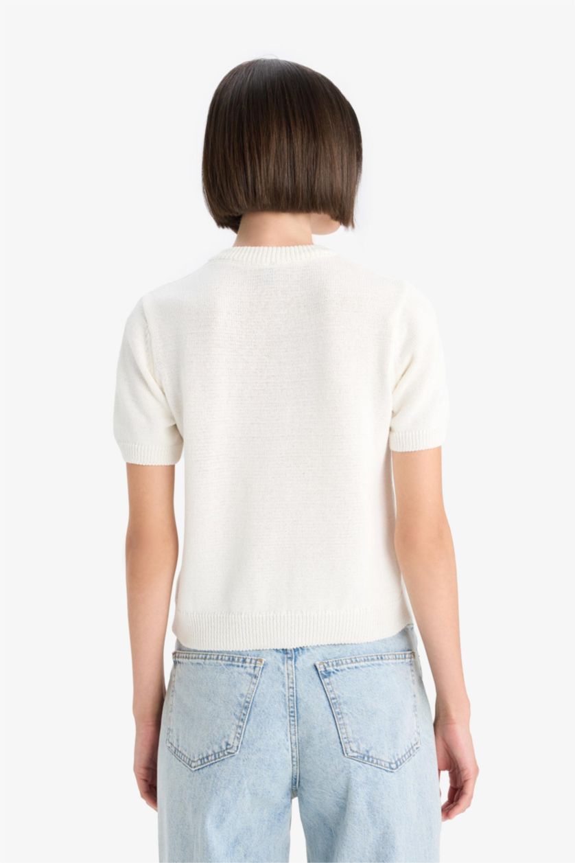 Woman Ecru Regular Fit Crew Neck Knitwear Cardigan