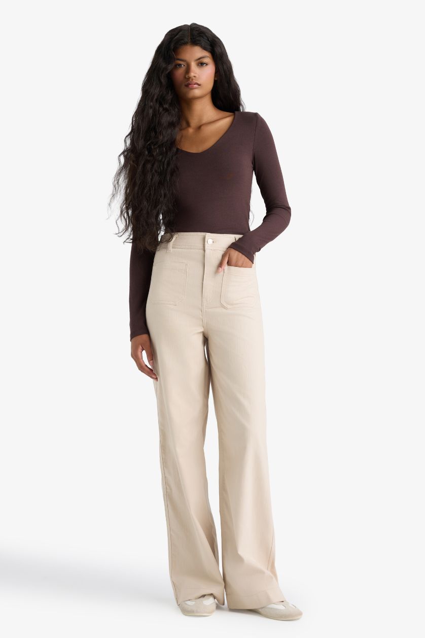 FEMME Beige Pantalon long en gabardine à poches Coupe droite