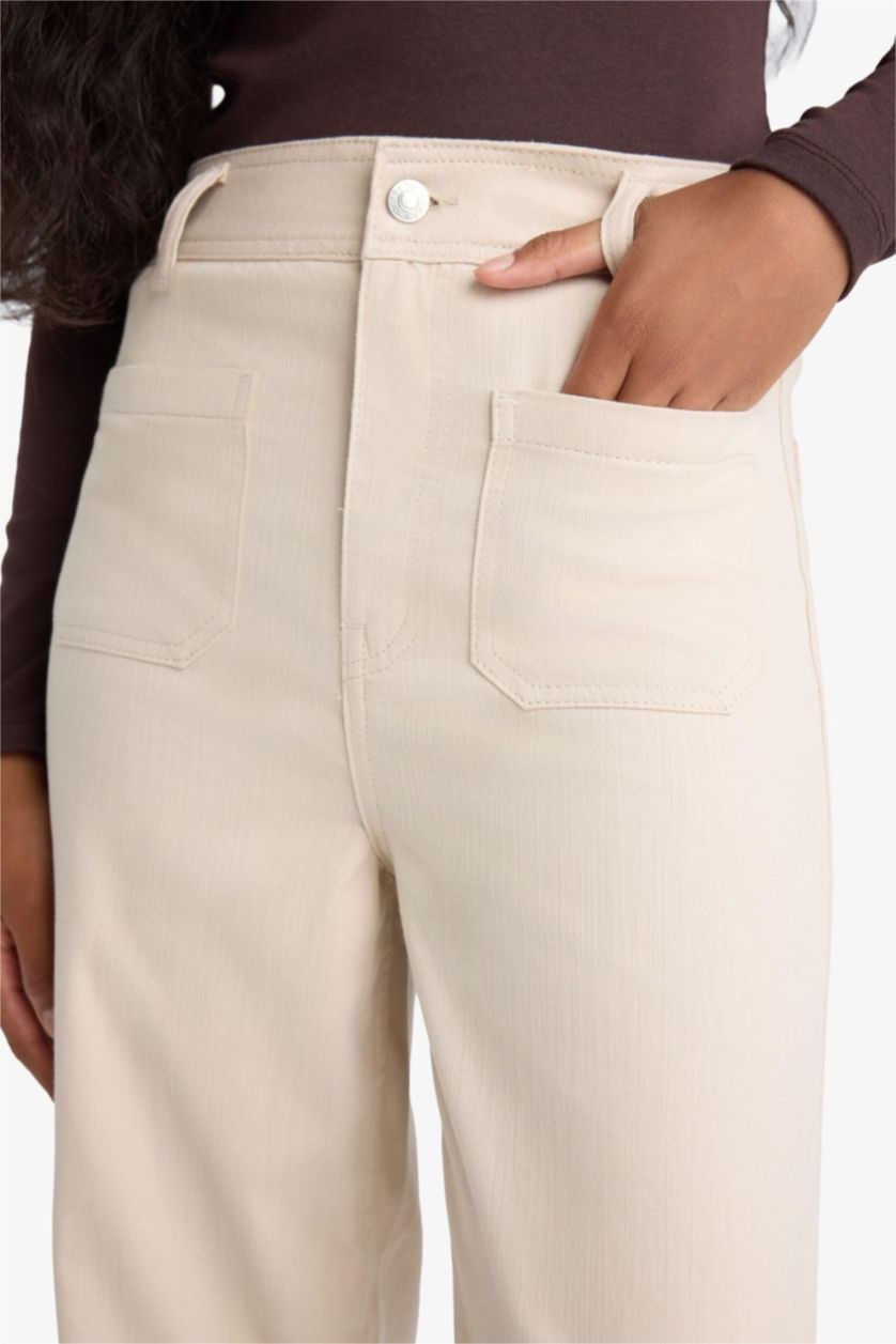 FEMME Beige Pantalon long en gabardine à poches Coupe droite