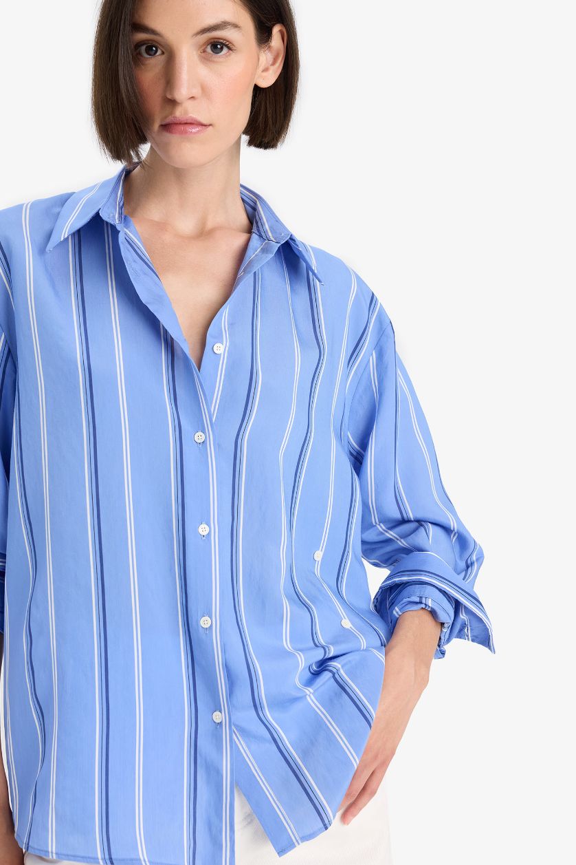 Женщины Голубрй Рубашка стандартного кроя из модала с полосками и длинными рукавами