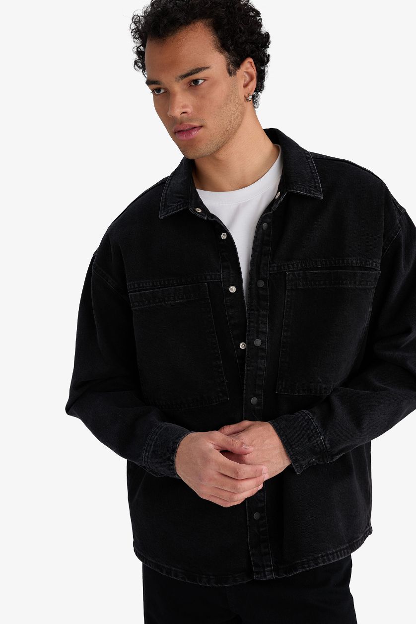 رجالي أسود Regular Fit Long Sleeve Denim Shirt