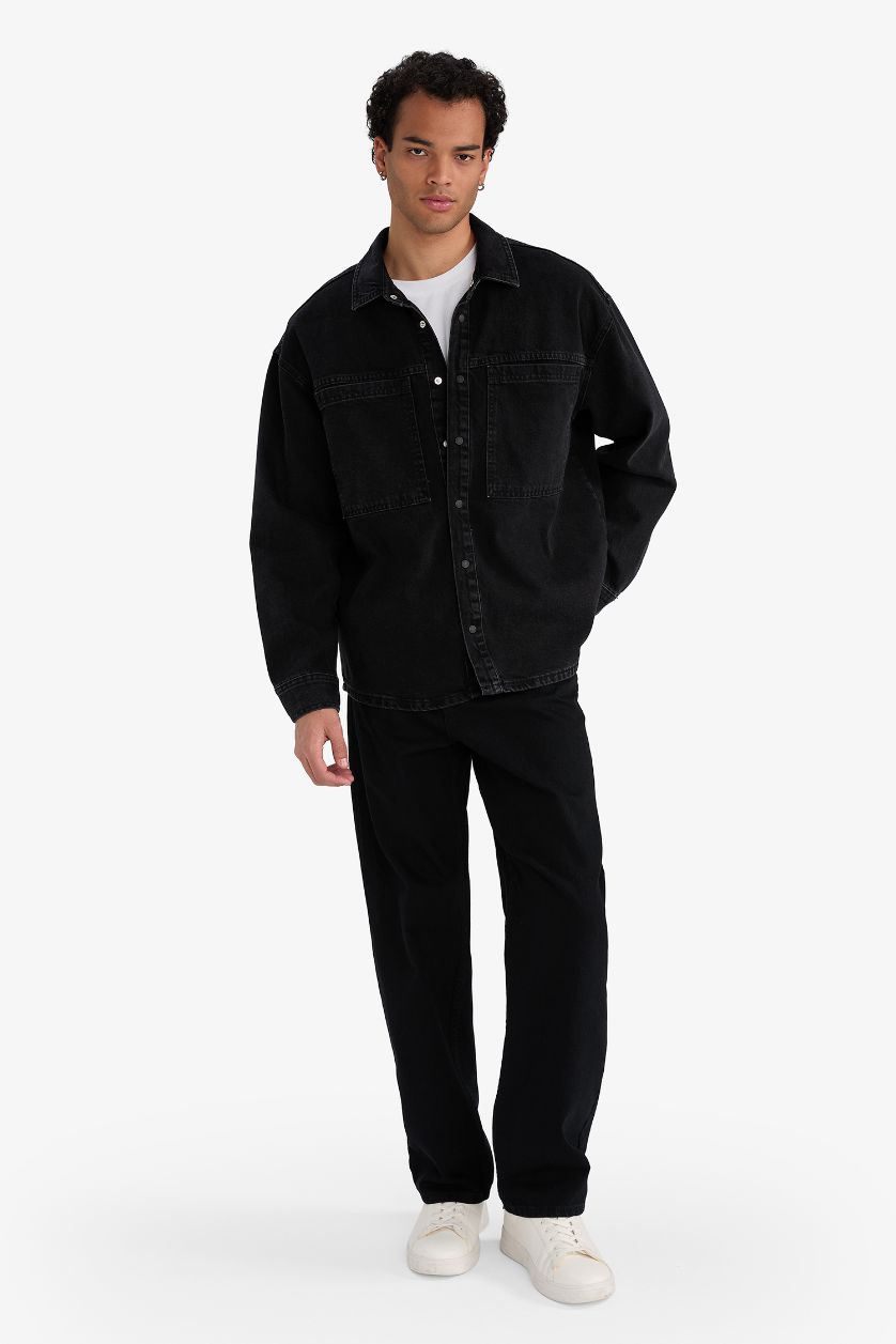 رجالي أسود Regular Fit Long Sleeve Denim Shirt