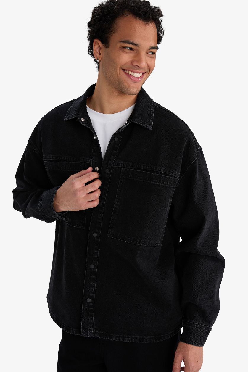 رجالي أسود Regular Fit Long Sleeve Denim Shirt