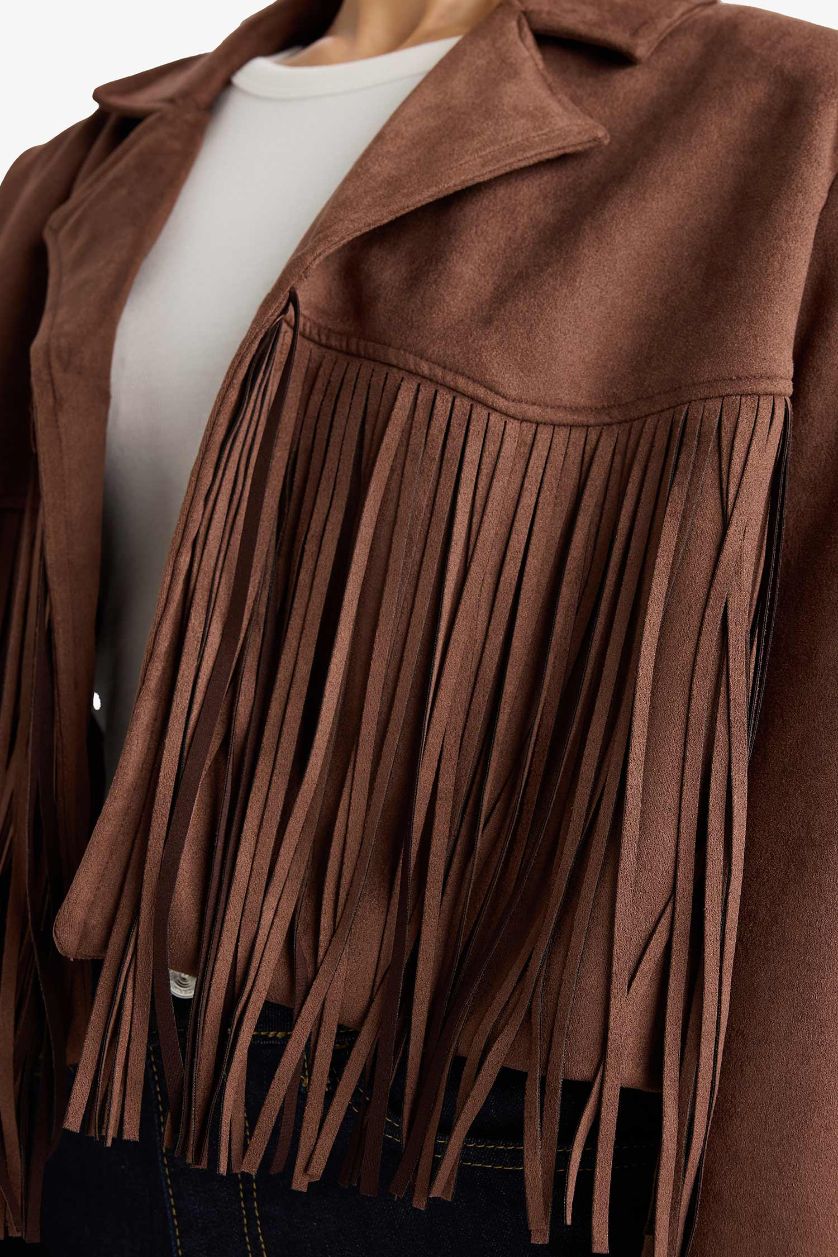 Kadın Kahve Tafta Püsküllü Süet Ceket