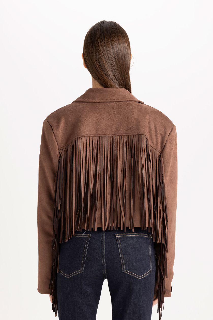 Kadın Kahve Tafta Püsküllü Süet Ceket