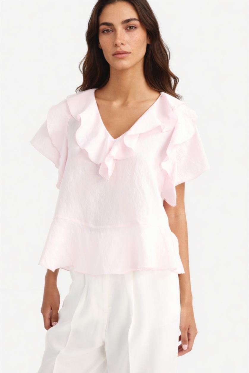 Женщины Светло-розовый Блузка регулярного кроя с V-образным вырезом и коротким рукавом из модала
