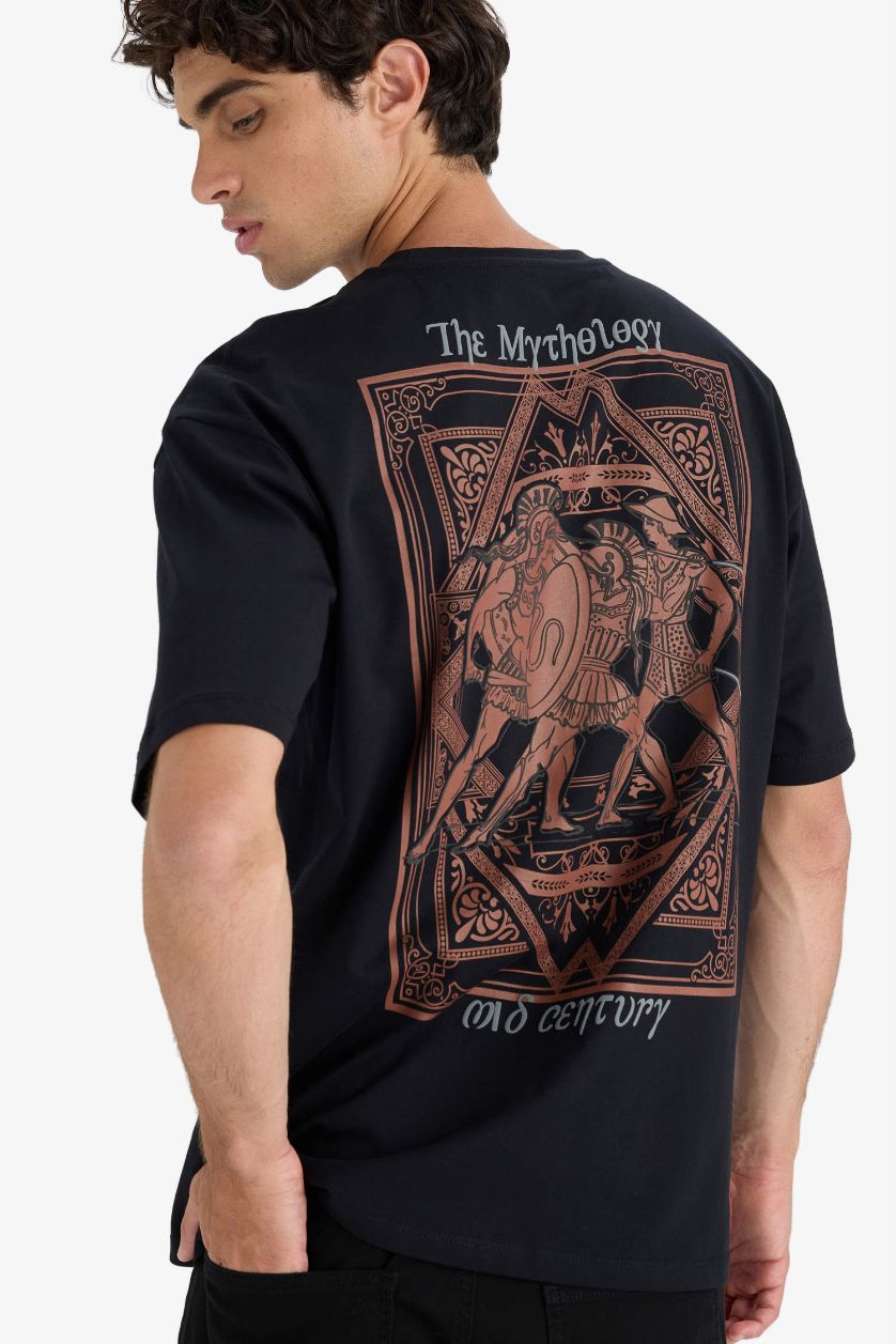 HOMME Noir T-shirt boxy en coton imprimé au dos à col rond et manches courtes