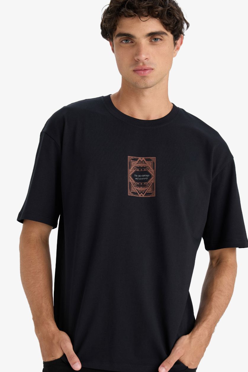HOMME Noir T-shirt boxy en coton imprimé au dos à col rond et manches courtes