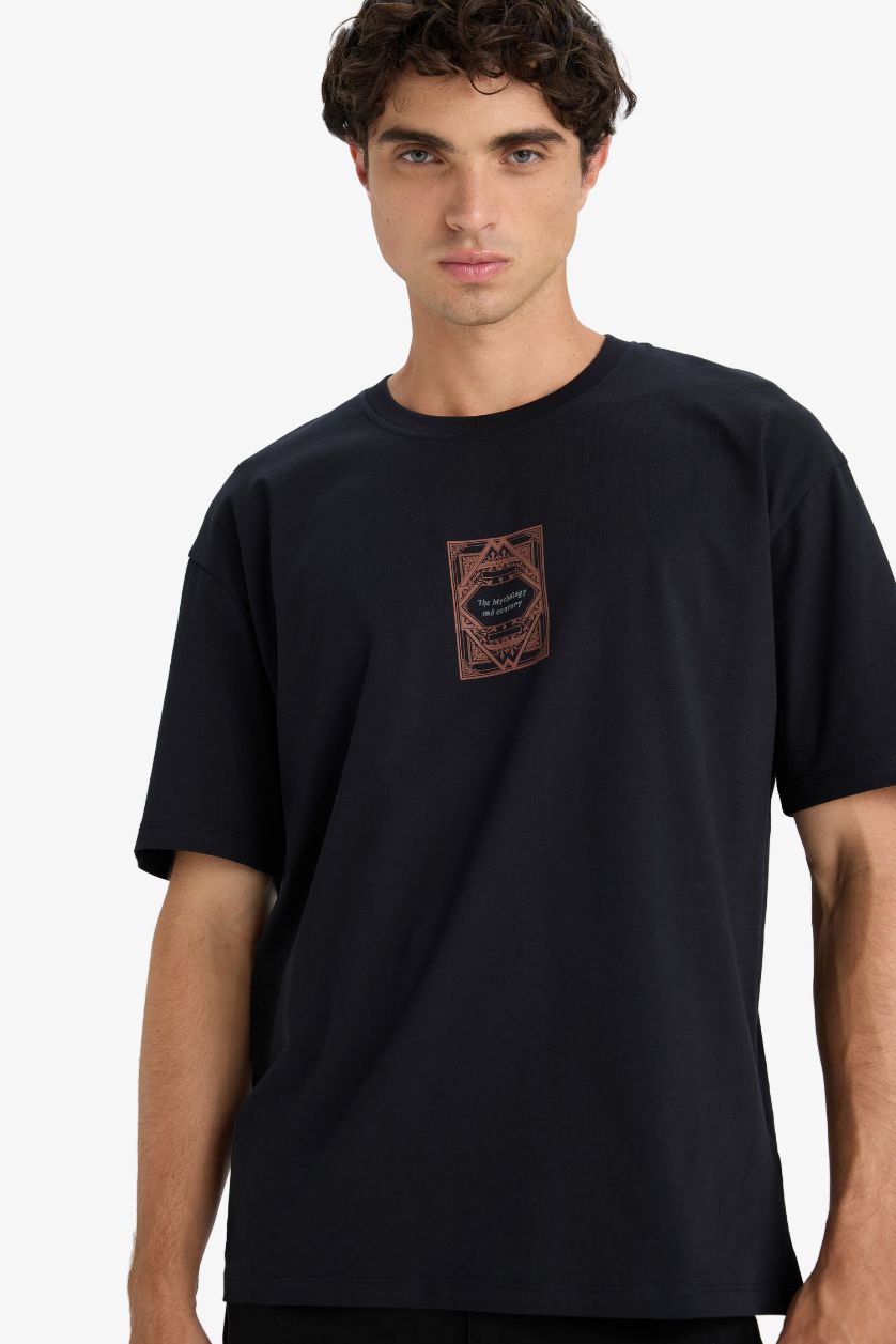HOMME Noir T-shirt boxy en coton imprimé au dos à col rond et manches courtes