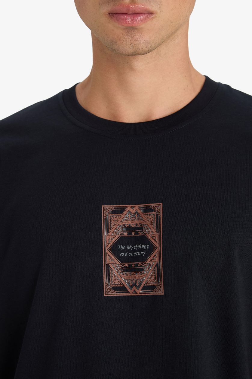 HOMME Noir T-shirt boxy en coton imprimé au dos à col rond et manches courtes