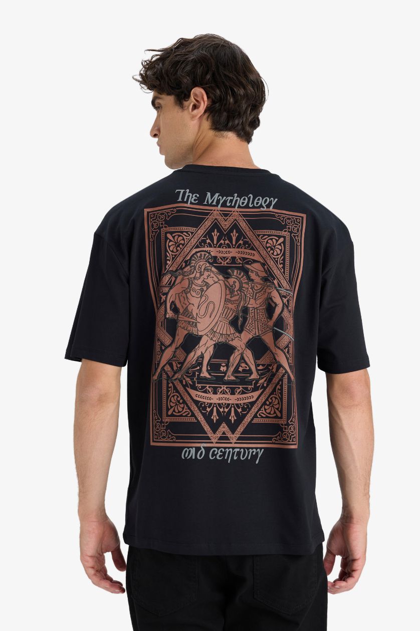 HOMME Noir T-shirt boxy en coton imprimé au dos à col rond et manches courtes