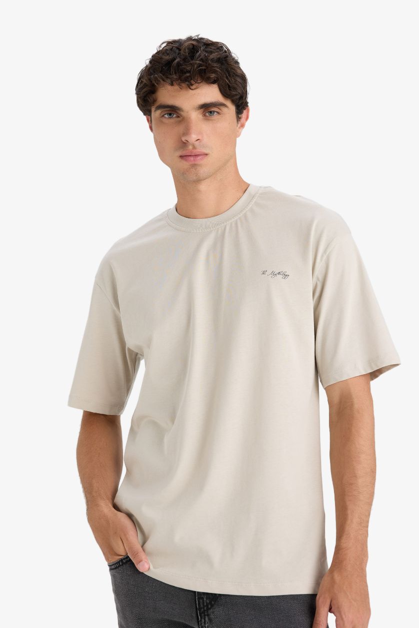 HOMME Beige T-shirt boxy en coton imprimé au dos à col rond et manches courtes