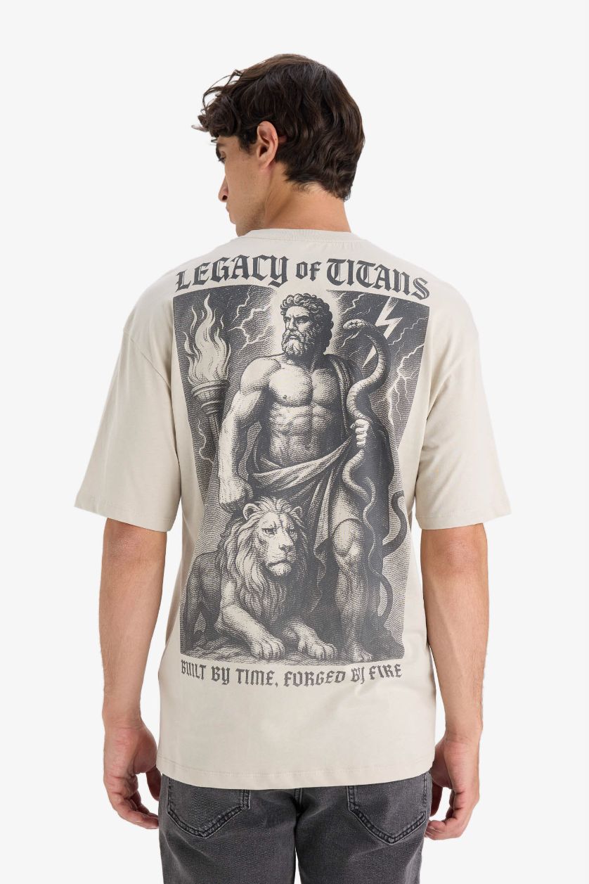 HOMME Beige T-shirt boxy en coton imprimé au dos à col rond et manches courtes