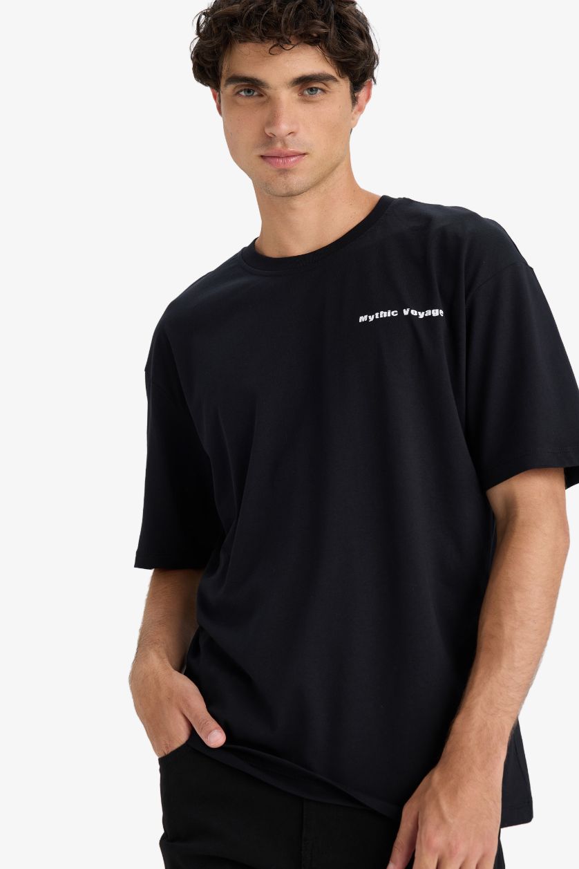 HOMME Noir T-shirt boxy en coton imprimé au dos à col rond et manches courtes