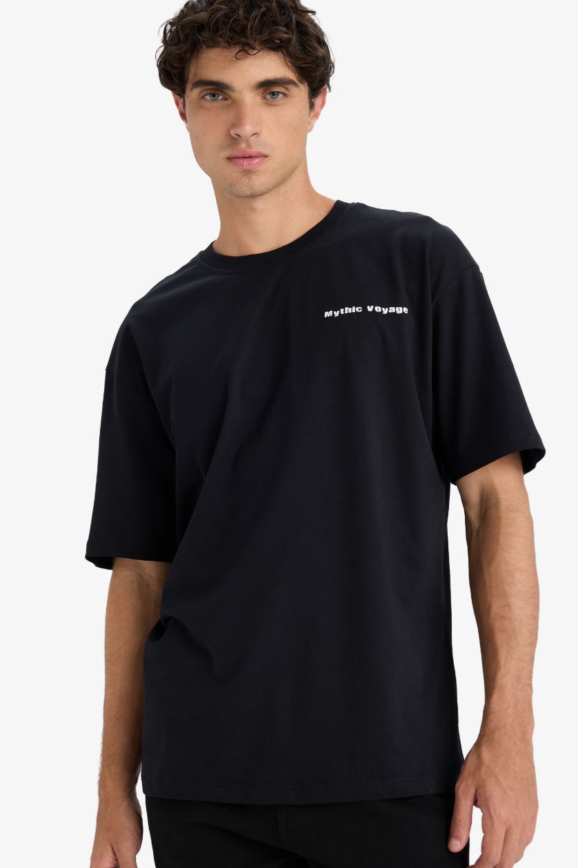 HOMME Noir T-shirt boxy en coton imprimé au dos à col rond et manches courtes