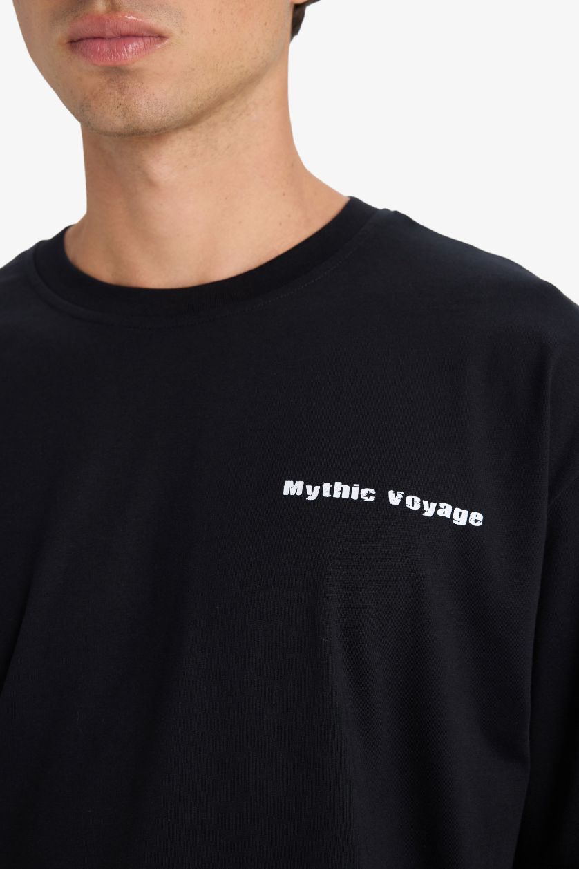 HOMME Noir T-shirt boxy en coton imprimé au dos à col rond et manches courtes