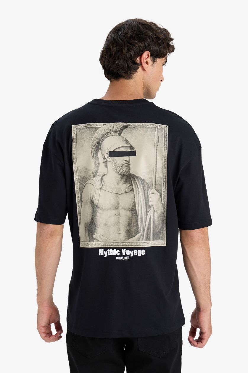 HOMME Noir T-shirt boxy en coton imprimé au dos à col rond et manches courtes