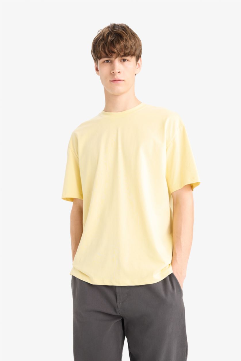 HOMME Jaune T-shirt boxy imprimé au dos en coton à col rond et manches courtes