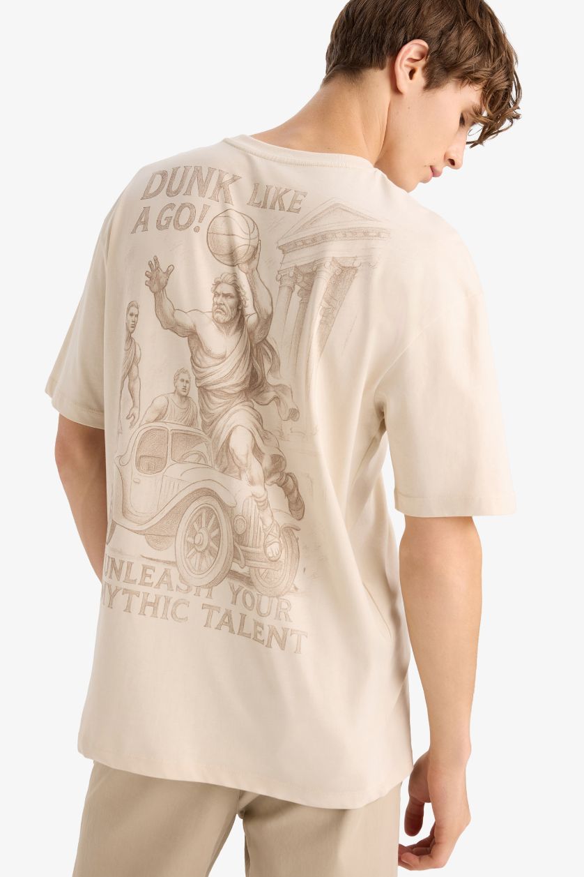 HOMME Beige T-shirt ample en coton imprimé au dos à col rond et manches courtes