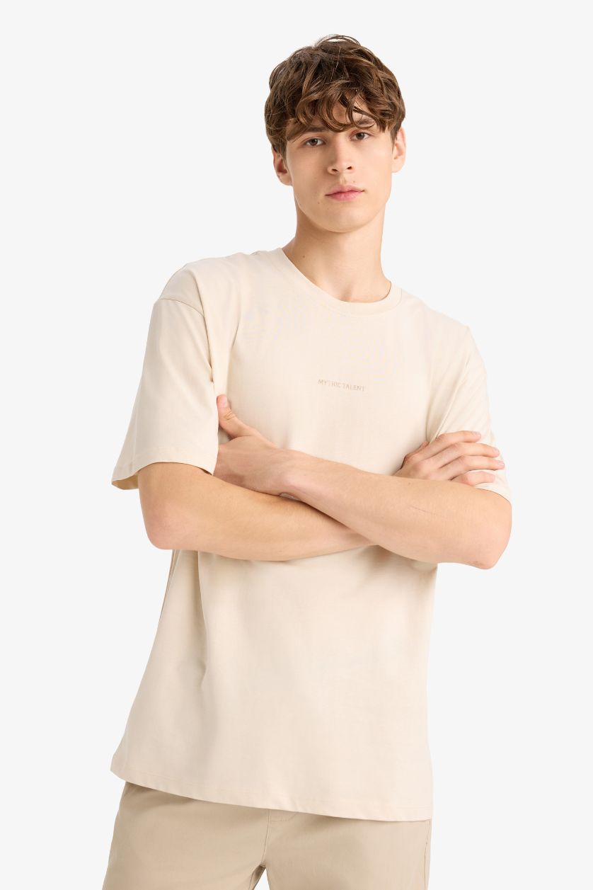 HOMME Beige T-shirt ample en coton imprimé au dos à col rond et manches courtes