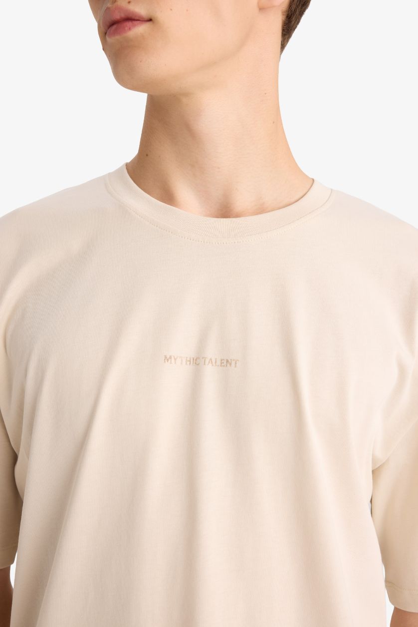 HOMME Beige T-shirt ample en coton imprimé au dos à col rond et manches courtes