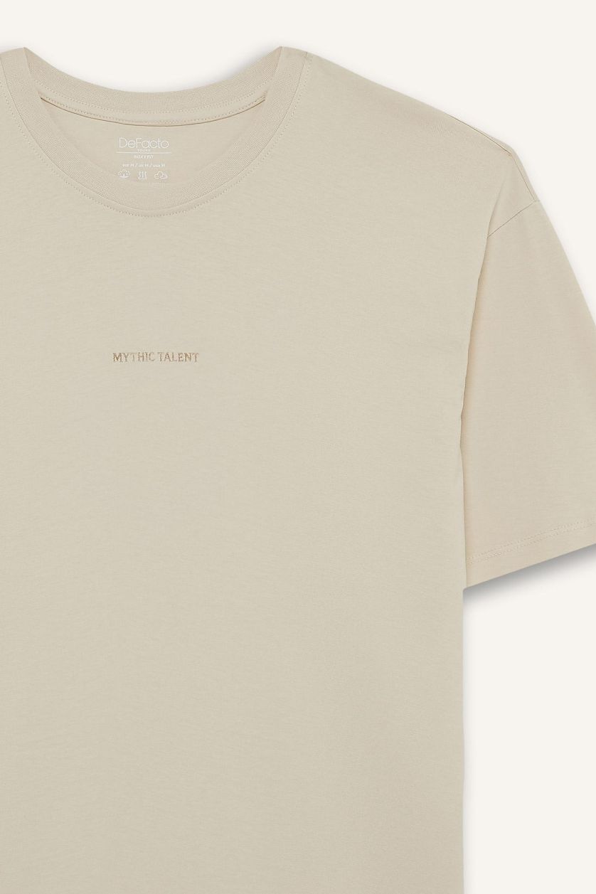 HOMME Beige T-shirt ample en coton imprimé au dos à col rond et manches courtes