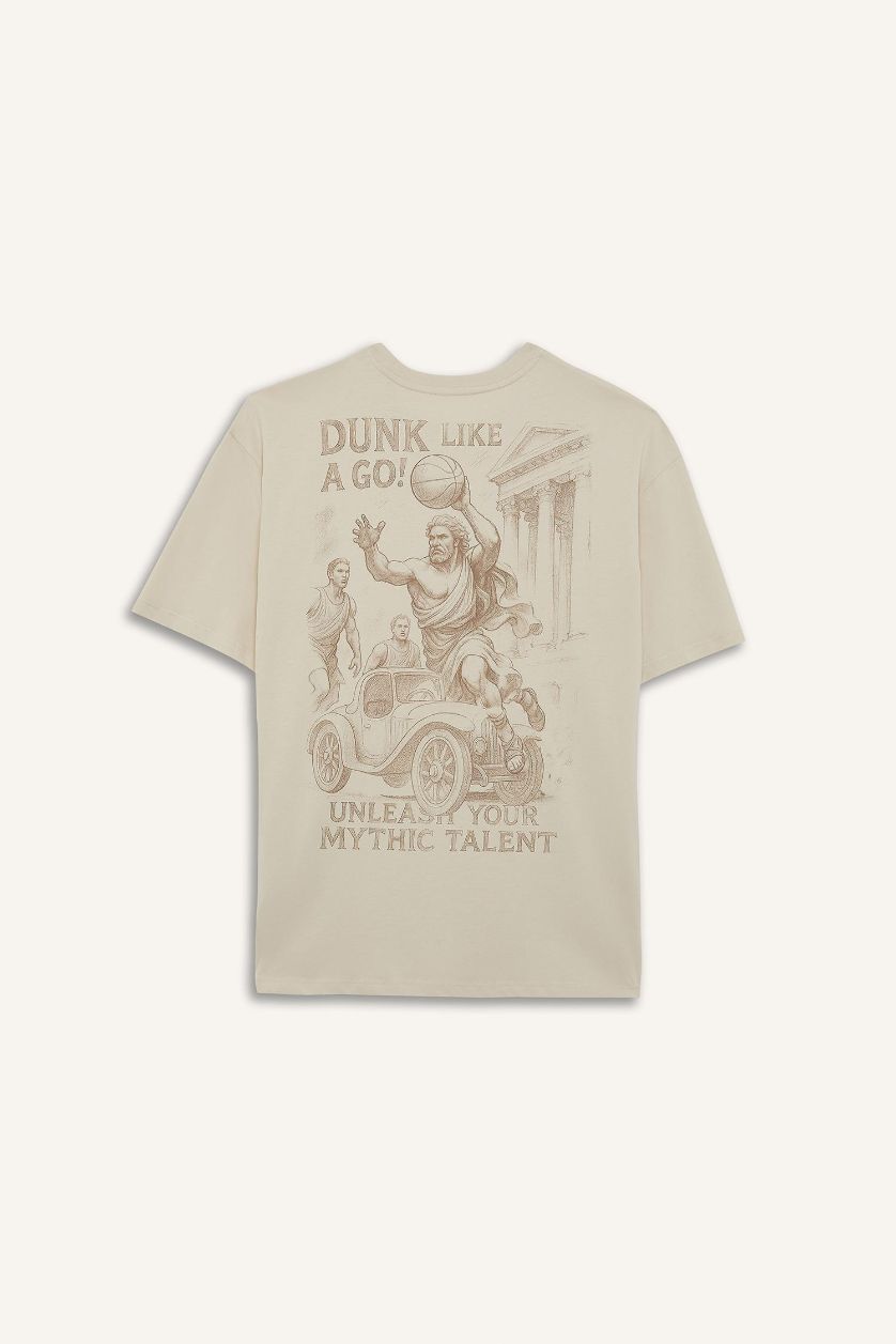 HOMME Beige T-shirt ample en coton imprimé au dos à col rond et manches courtes