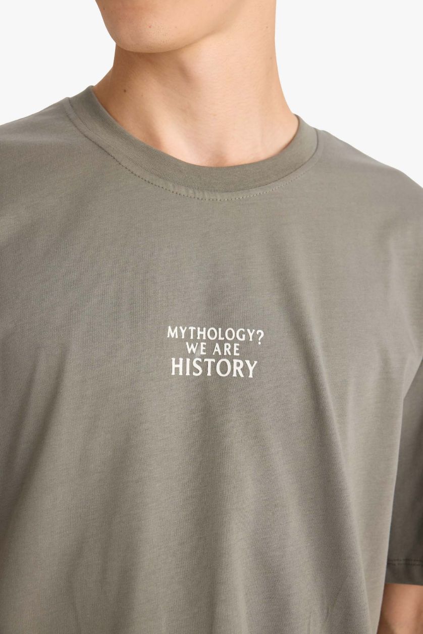 Erkek Açık Haki %100 Pamuk Boxy Fit Baskılı Tişört