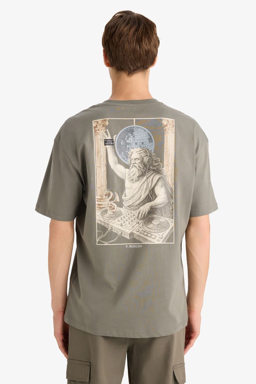 Erkek Açık Haki %100 Pamuk Boxy Fit Baskılı Tişört