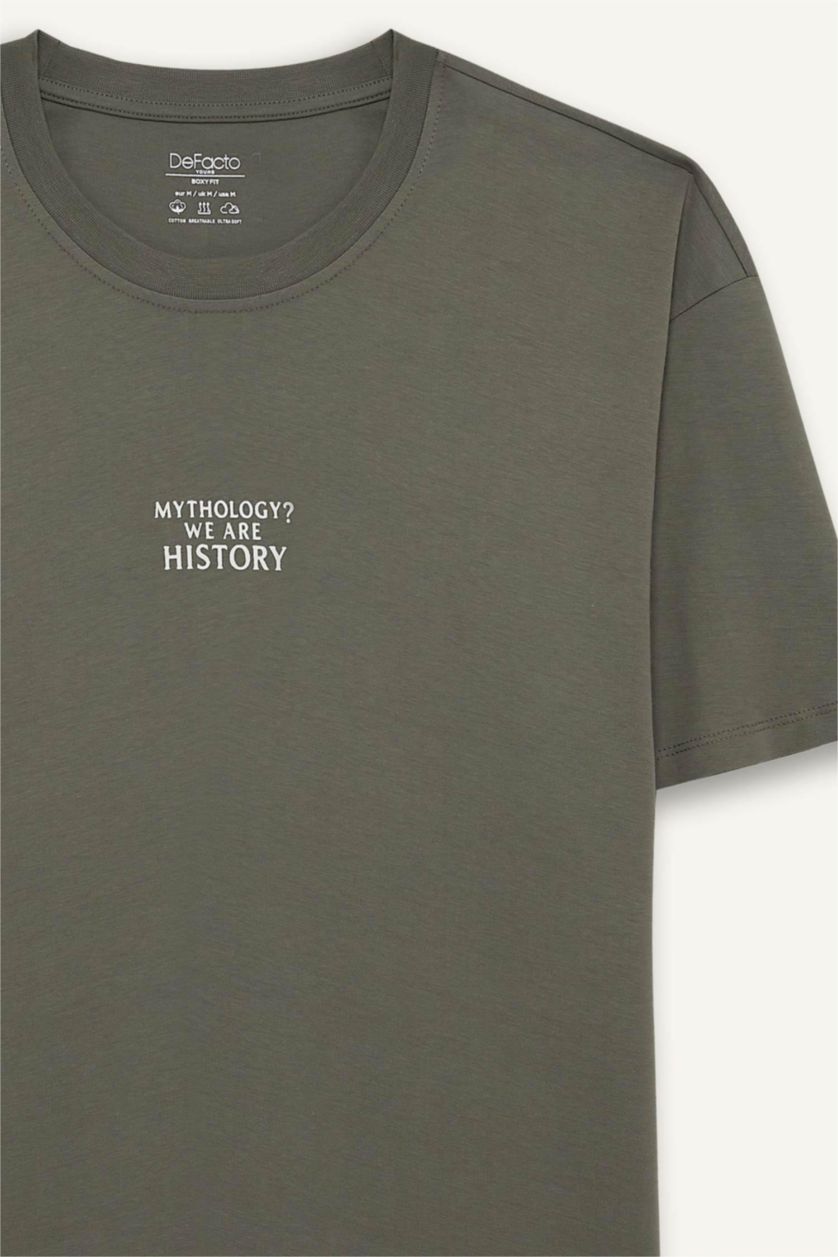 Erkek Açık Haki %100 Pamuk Boxy Fit Baskılı Tişört