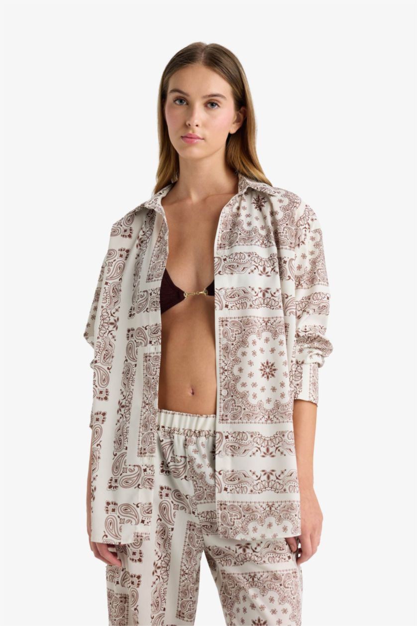 Kadın Kahve Regular Fit Şal Desenli Plaj Gömleği