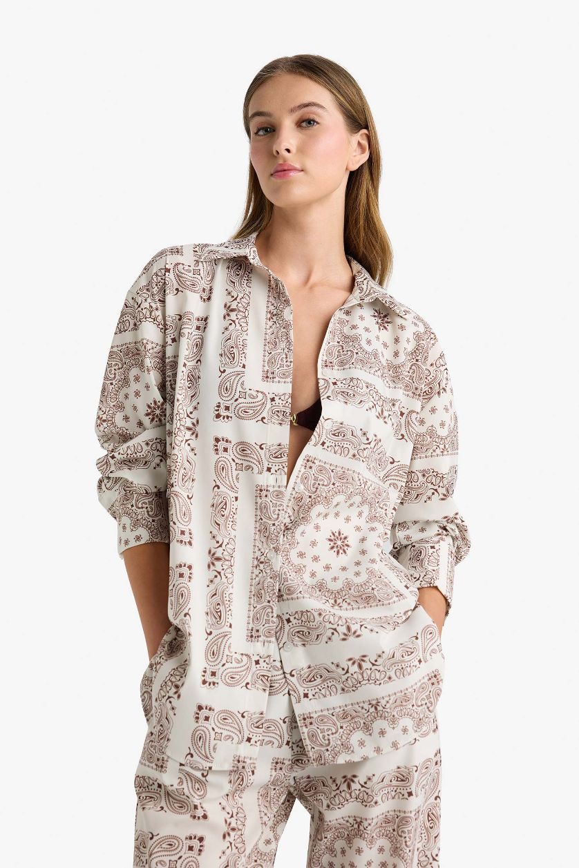 Kadın Kahve Regular Fit Şal Desenli Plaj Gömleği