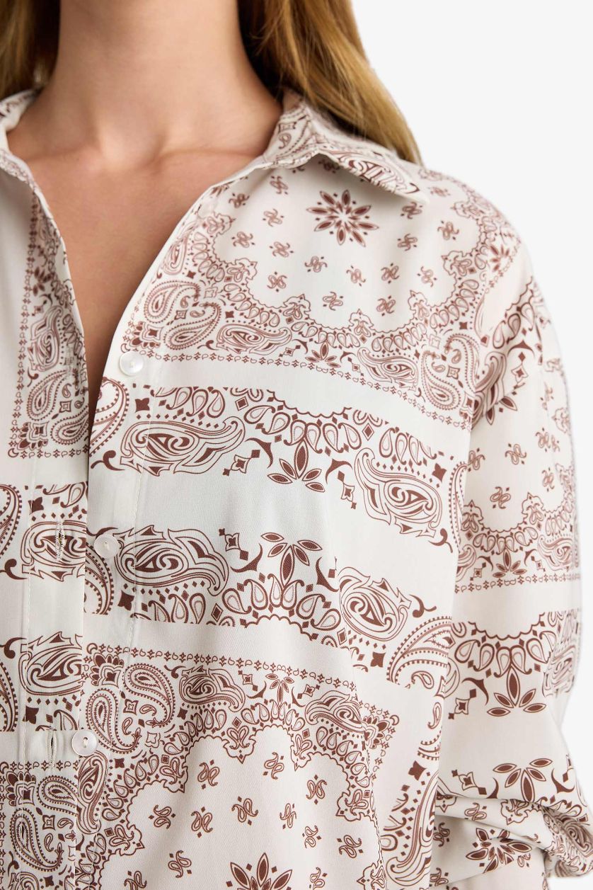 Kadın Kahve Regular Fit Şal Desenli Plaj Gömleği