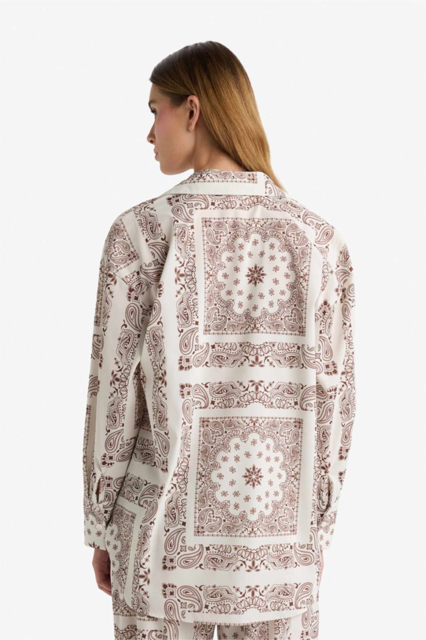 Kadın Kahve Regular Fit Şal Desenli Plaj Gömleği